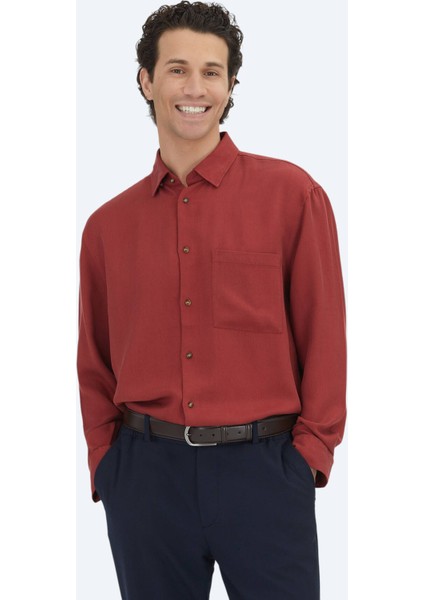 Kırmızı Fitilli Oversize Fit Dokuma Casual Gömlek