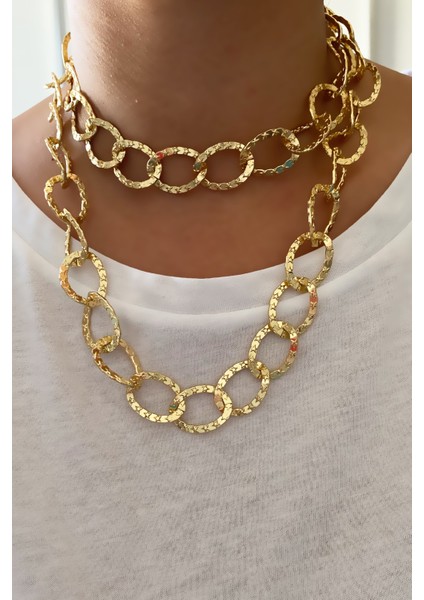 Çift Sıralı Yıldız Işlemeli Gold Kolye