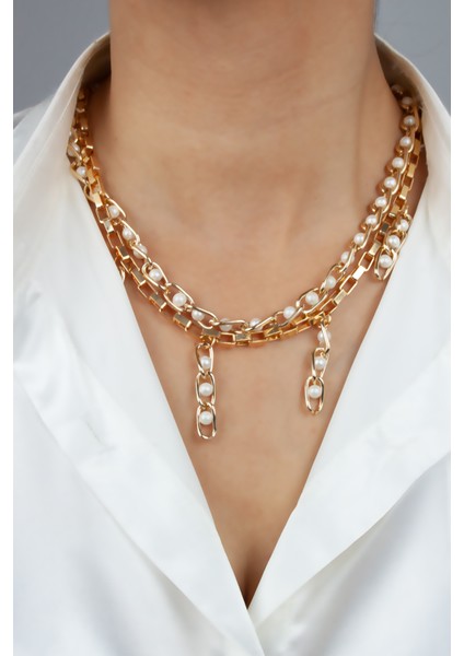 Inci Detay Çift Sıralı Gold Kolye