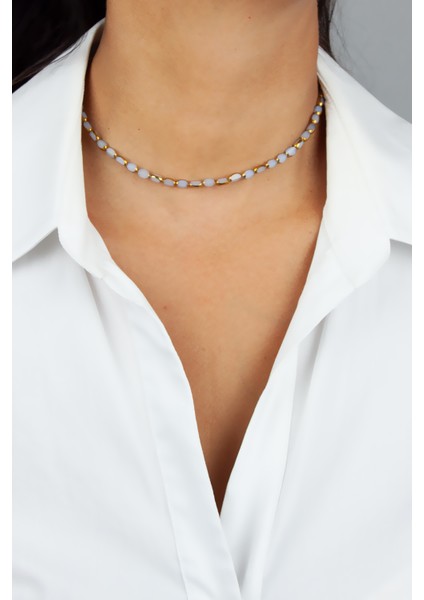 Gold Detay Gri Kristal Kolye