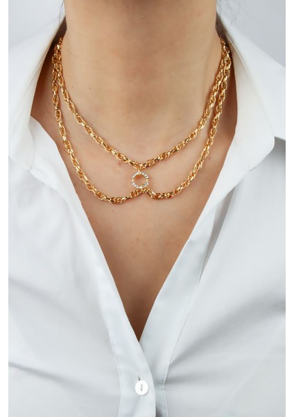 Zirkon Taşlı Halka Detay Çift Sıralı Gold Zincir Kolye