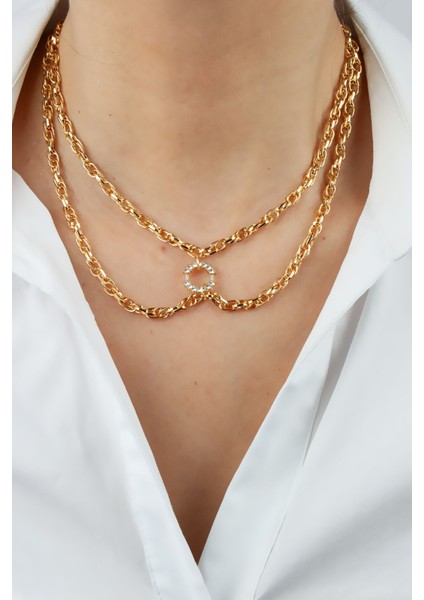 Zirkon Taşlı Halka Detay Çift Sıralı Gold Zincir Kolye fiyatları