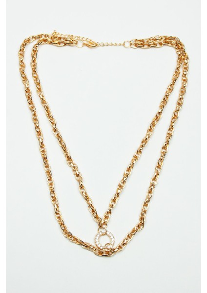 Zirkon Taşlı Halka Detay Çift Sıralı Gold Zincir Kolye modelleri