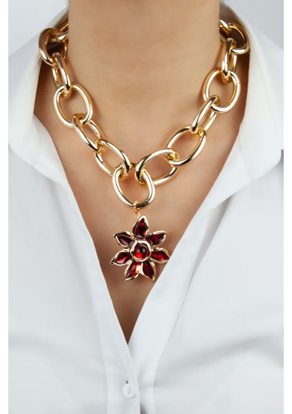 Kalın Zincir Çiçek Detay Gold Kadın Kolye