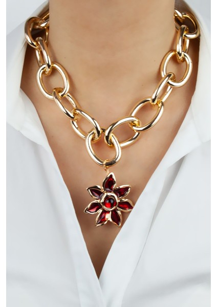 Kalın Zincir Çiçek Detay Gold Kadın Kolye fiyatları