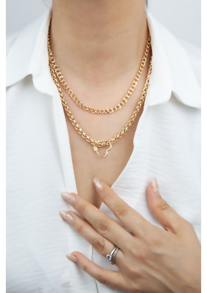 Kalp Detay Ikili Gold Kolye