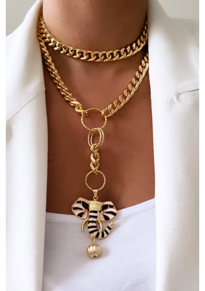 Çift Sıralı Fil Figür Gold Zincir Kolye