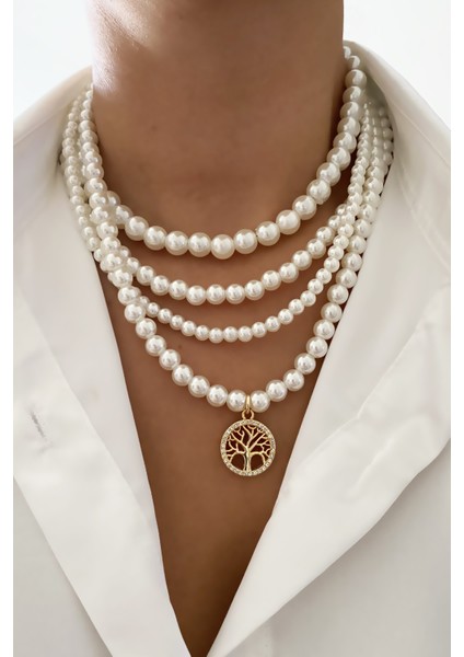 Yaşam Ağacı Uçlu Çoklu Inci Kolye