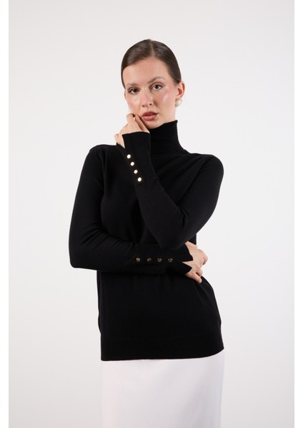 Kadın Siyah Çıtçıtlı Kollu Balıkçı Yaka Triko Bluz