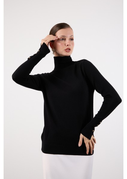 Kadın Siyah Çıtçıtlı Kollu Balıkçı Yaka Triko Bluz fiyatları