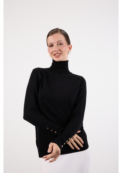 Kadın Siyah Çıtçıtlı Kollu Balıkçı Yaka Triko Bluz modelleri