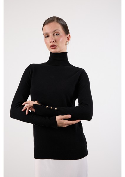 Kadın Siyah Çıtçıtlı Kollu Balıkçı Yaka Triko Bluz fırsatları