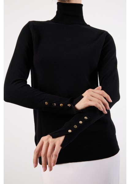 Kadın Siyah Çıtçıtlı Kollu Balıkçı Yaka Triko Bluz