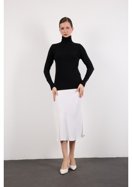 Kadın Siyah Çıtçıtlı Kollu Balıkçı Yaka Triko Bluz