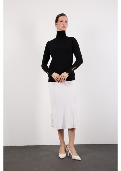 Kadın Siyah Çıtçıtlı Kollu Balıkçı Yaka Triko Bluz