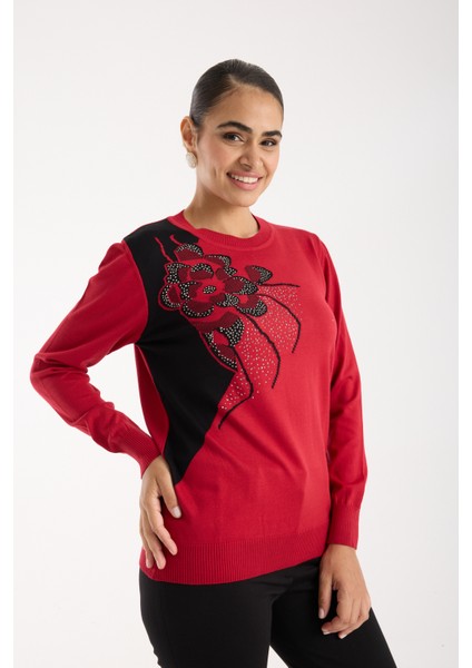 Kadın Kırmızı Elit Viskon Kumaş Taş Detaylı Bisiklet Yaka Triko Bluz