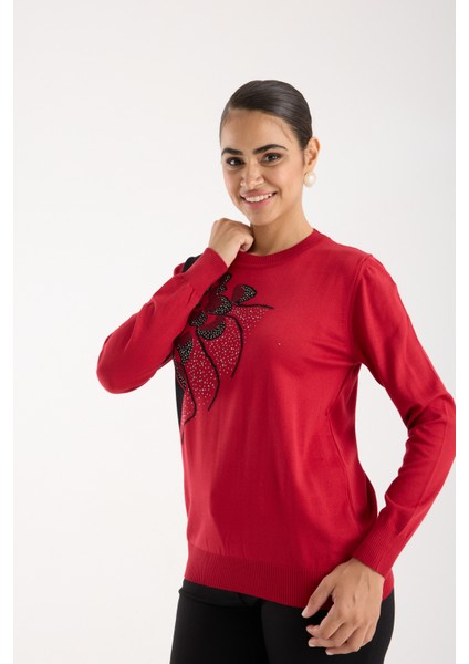Kadın Kırmızı Elit Viskon Kumaş Taş Detaylı Bisiklet Yaka Triko Bluz fiyatları