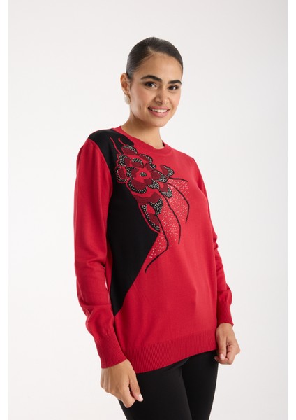 Kadın Kırmızı Elit Viskon Kumaş Taş Detaylı Bisiklet Yaka Triko Bluz modelleri