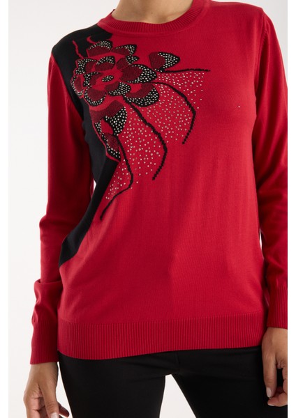 Kadın Kırmızı Elit Viskon Kumaş Taş Detaylı Bisiklet Yaka Triko Bluz fırsatları