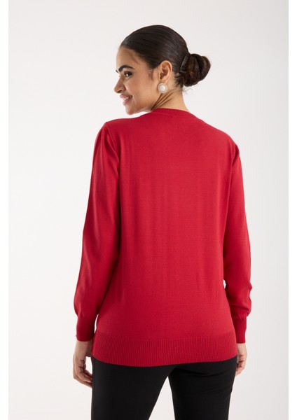 Kadın Kırmızı Elit Viskon Kumaş Taş Detaylı Bisiklet Yaka Triko Bluz indirimleri