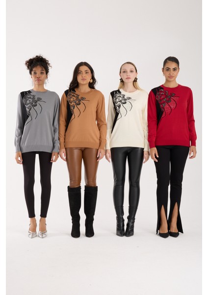 Kadın Kırmızı Elit Viskon Kumaş Taş Detaylı Bisiklet Yaka Triko Bluz