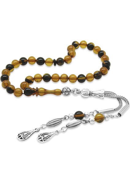 Kararmaz Metal Püsküllü Küre Kesim Bilek Boy Sarı Siyah Ateş Kehribar Tesbih