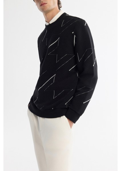 Erkek Siyah Bisiklet Yaka Pamuklu Baskılı Regular Fit Sweatshirt A42Y1375