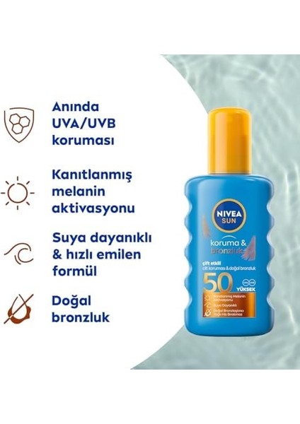 Nıvea Sun SPF50 Çift Etkili Yüksek Koruyucu Bronzluk Vücut Güneş Spreyi 200ML, Doğal Bronzluk, Uva Koruma modelleri