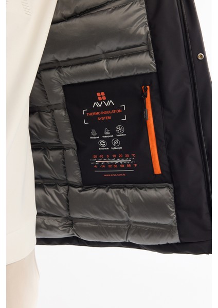 Erkek Siyah Çıkma Kapüşonlu Su İtici Rüzgar Geçirmez Uzun Comfort Fit Mont A42Y6151