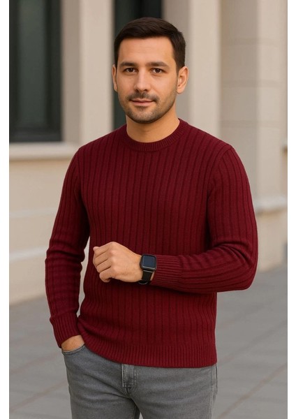 Erkek Bisiklet Yuvarlak Yaka Triko Kazak Pamuklu Kalın Fitilli Dokuma, Regular Fit Uzun Kollu Kışlık Model - Bordo fırsatları