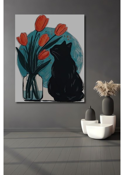 Sulu Boya Görünümlü Kedi ve Lale Sanat Tablosu Ahşap Dekoratif Tablo Dikdörtgen Tablo