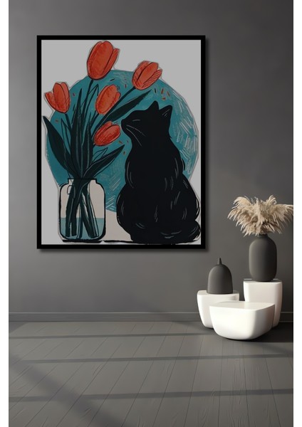Sulu Boya Görünümlü Kedi ve Lale Sanat Tablosu Ahşap Dekoratif Tablo Dikdörtgen Tablo fiyatları
