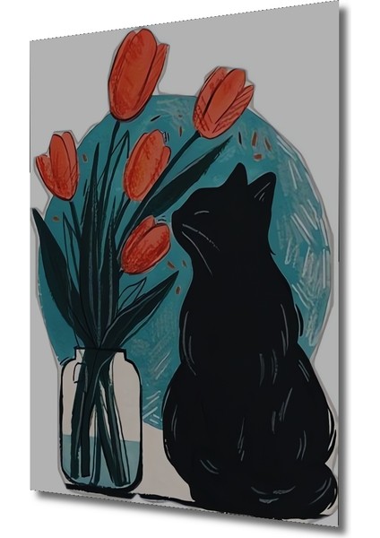 Sulu Boya Görünümlü Kedi ve Lale Sanat Tablosu Ahşap Dekoratif Tablo Dikdörtgen Tablo modelleri