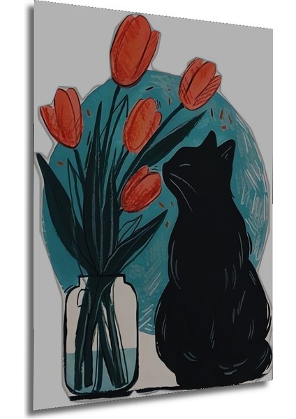 Sulu Boya Görünümlü Kedi ve Lale Sanat Tablosu Ahşap Dekoratif Tablo Dikdörtgen Tablo fırsatları