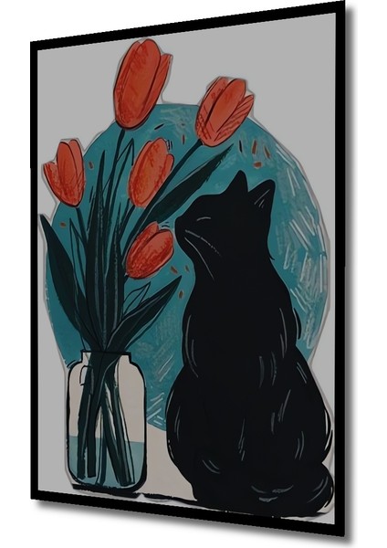 Sulu Boya Görünümlü Kedi ve Lale Sanat Tablosu Ahşap Dekoratif Tablo Dikdörtgen Tablo indirimleri