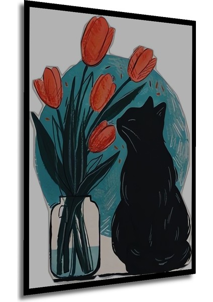 Sulu Boya Görünümlü Kedi ve Lale Sanat Tablosu Ahşap Dekoratif Tablo Dikdörtgen Tablo