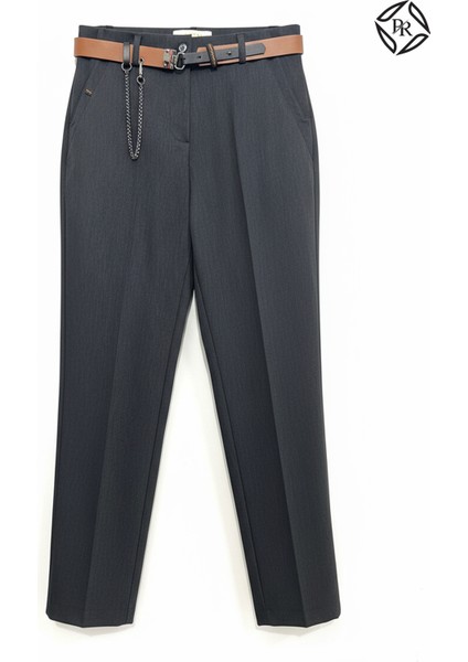 Kadın Rahat Kalıp Kemerli Düz Kesim Kumaş Pantolon Ofis