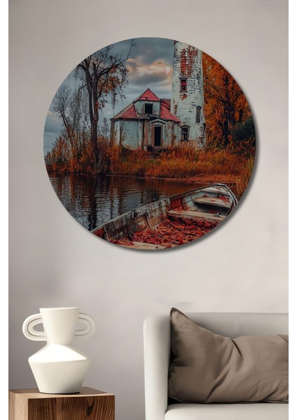 Sonbaharın Gızemlı Deniz Feneri Yağlı Boya Görünümlü Ahşap Dekoratif Tablo Yuvarlak Tablo