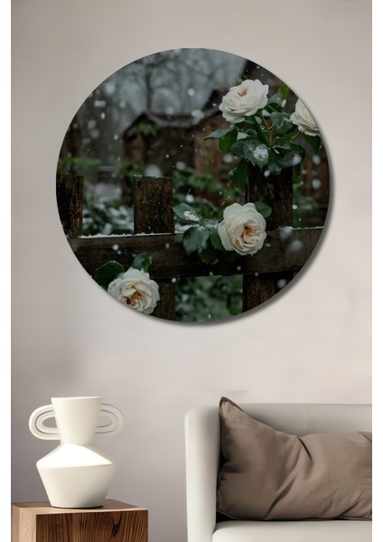 Kış Gülü Esintili Kırsal Manzara Sulu Boya Görünümlü Ahşap Dekoratif Tablo Yuvarlak Tablo