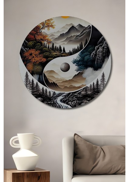 Yin Yang Doğa Manzarası Sulu Boya Görünümlü Ahşap Dekoratif Tablo Yuvarlak Tablo