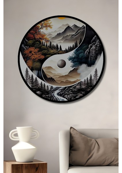 Yin Yang Doğa Manzarası Sulu Boya Görünümlü Ahşap Dekoratif Tablo Yuvarlak Tablo fiyatları