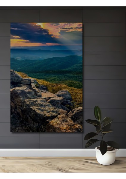 Muhteşem Gün Batımı Kayalıkları Yağlı Boya Görünümlü Ahşap Dekoratif Tablo Dikdörtgen Tablo