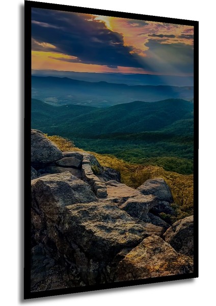 Muhteşem Gün Batımı Kayalıkları Yağlı Boya Görünümlü Ahşap Dekoratif Tablo Dikdörtgen Tablo