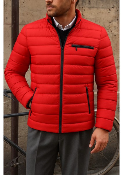 Erkek Kışlık Slim Fit Günlük Kırmızı Şişme Mont