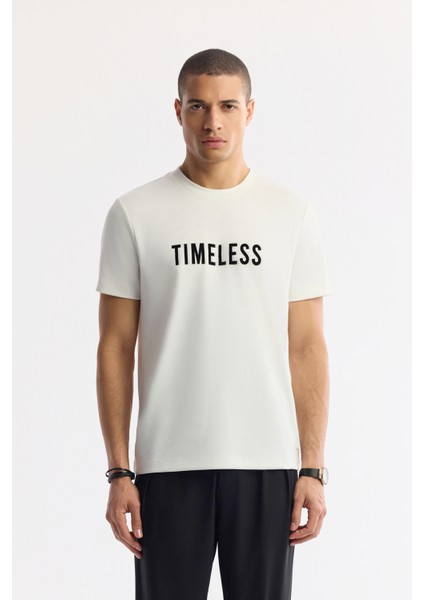 Erkek Ekru Bisiklet Yaka Baskılı Bi-Stretch İnterlok Regular Fit T-Shirt A51Y1166