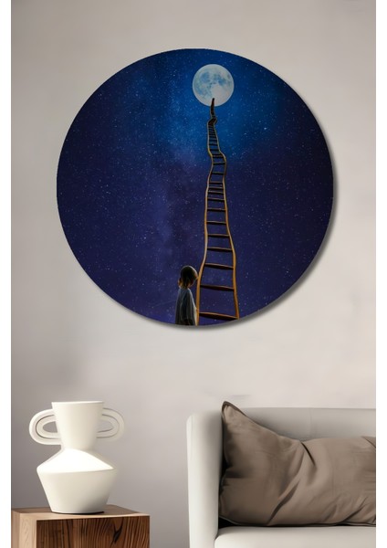 Yıldızlara Uzanan Hayaller Çocuk Tablosu Sulu Boya Görünümlü Dekoratif Ahşap Tablo Yuvarlak Tablo