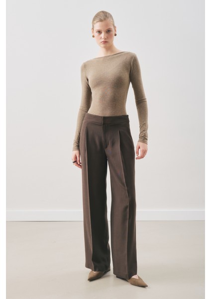 Dökümlü Tencel Pileli Pantolon Acı Kahve
