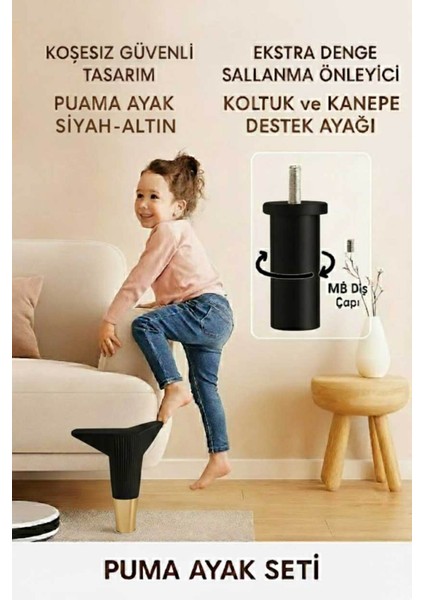 Puma 15 cm Siyah-Altın 6'lı Set Mobilya Kanepe Tv Ünitesi Dolap Konsol ve Destek Ayağı fiyatları
