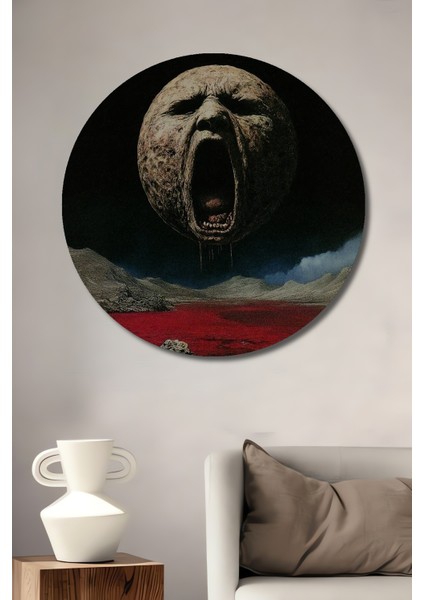Çığlık Atan Ay Yağlı Boya Görünümlü Ahşap Dekoratif Tablo Yuvarlak Tablo