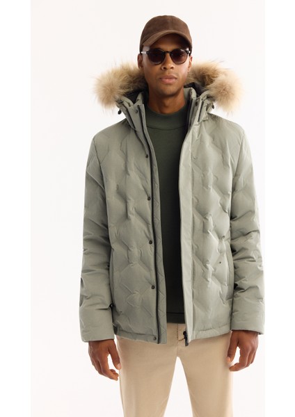 Erkek Nil Yeşili Kapüşonlu %100 Kaz Tüyü Su İtici Rüzgar Geçirmez -10°CDayanıklı Mont A52Y6166